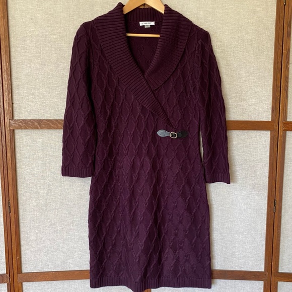 Dresses & Skirts - One Day Sale - Calvin Klein Maroon V-neck Cable Sweater Dress - Large